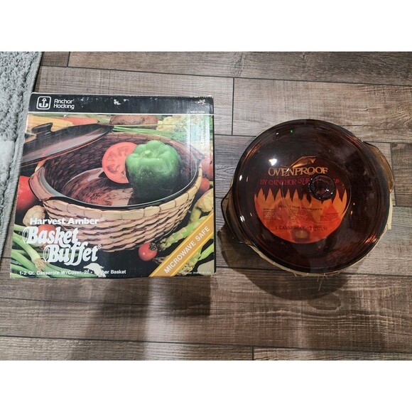 Anchor Hocking 2 qt. Casserole Dish w/ Basket Woven Harvest Amber Round NIB. - Picture 1 of 11